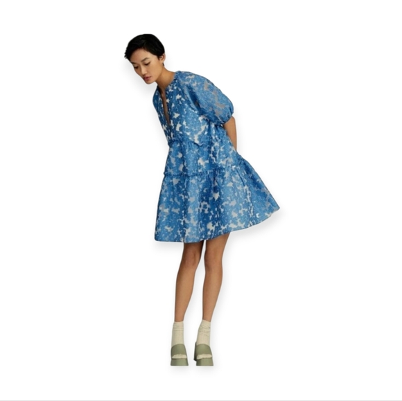 Maeve Dresses & Skirts - Maeve By Anthropologie Tiered Jacquard Lace Dress Puff Sleeve Blue Size Small